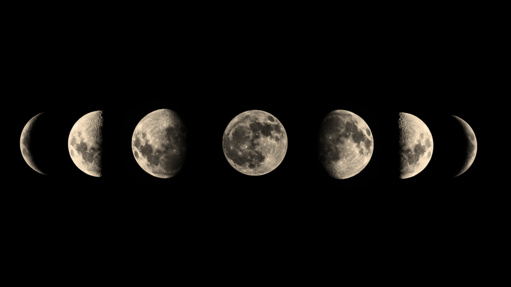 A progression of the moon phases against a black background, showcasing the lunar cycle from waxing crescent to full moon and back to waning crescent.